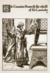 Sir Gawaine erkennt das Schild von Sir Launcelot, Illustration aus 